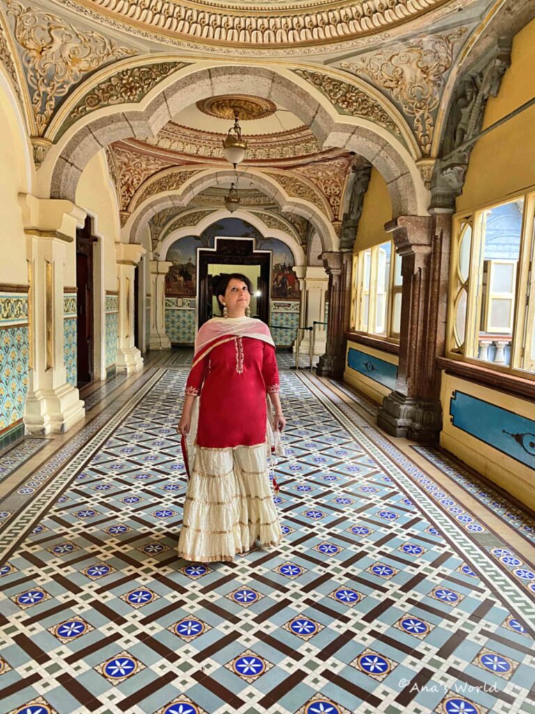Walking in the gorgeous corridor inside the Mysore Maharaja Palace